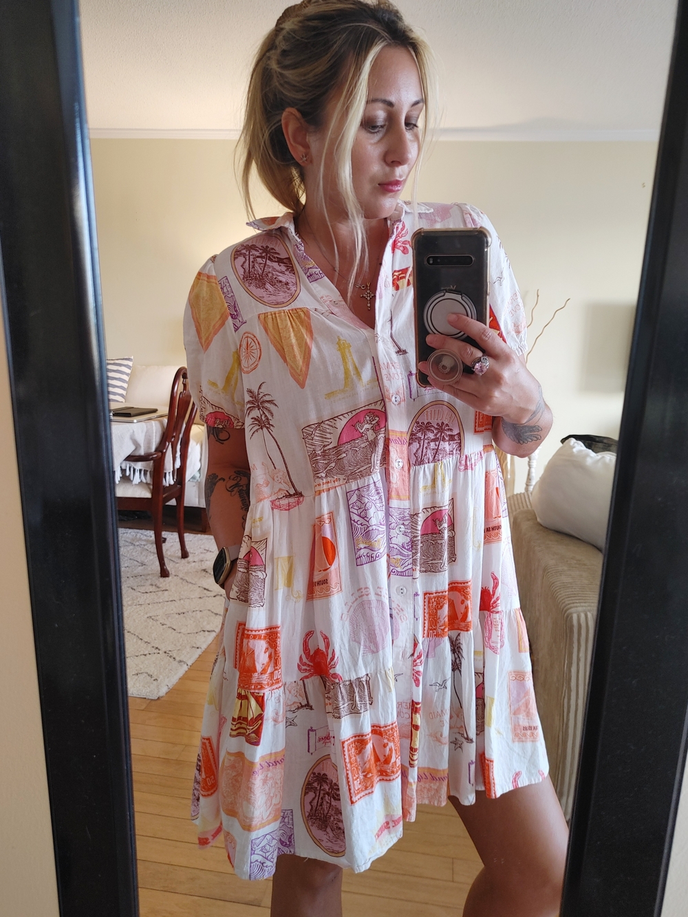 🌺 Tropical Stamp Print Button Dress